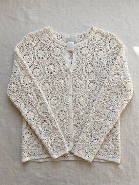 Vtg Moda International Cream Crochet Cardigan Large Ramie Cotton Boho Grannycore